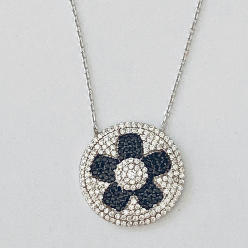 925 Silver flower necklace black clear cubic zirconia cz stones